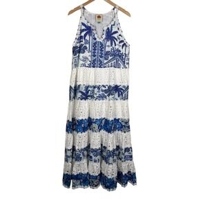 FARM RIO Tropical Eyelet Dress Women's Size XL Blue Maxi Dress Bohemian Vacation